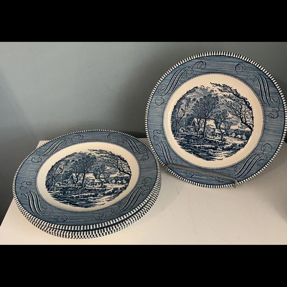 4 Royal Currier & Ives 10" Dinner Plates Old Grist Mill Blue White Ironstone - Picture 1 of 9
